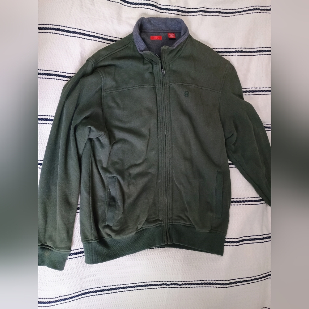IZOD Green Knit Full Zip Sweater Men's XL Mock Neck Full Zip Cotton Blend Preppy